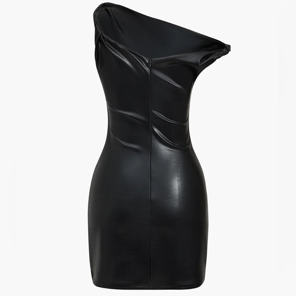 NWT MICAS Faux Leather Asymmetrical Twist Knot Zipper Mini Dress - Picture 2 of 16